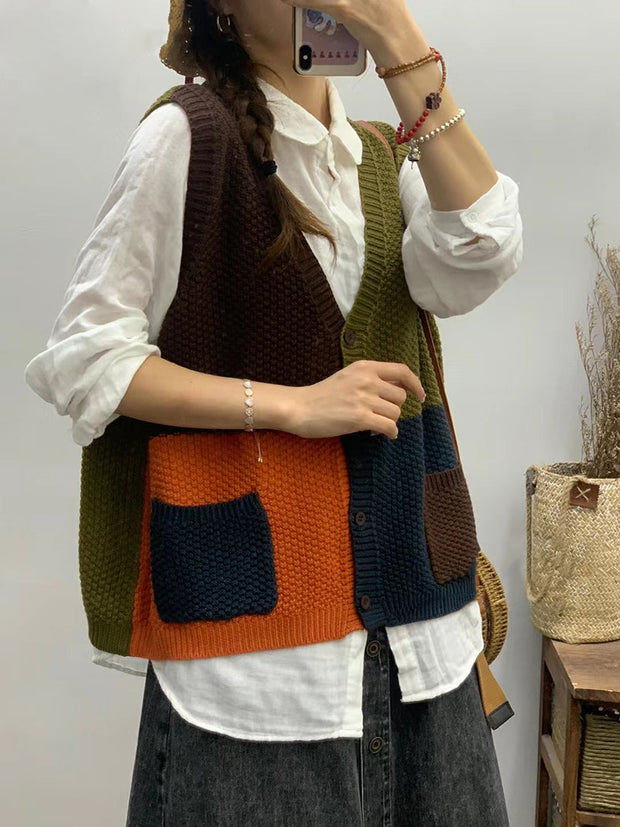 Women Autumn Colorblock Knitted V-Neck Vest
