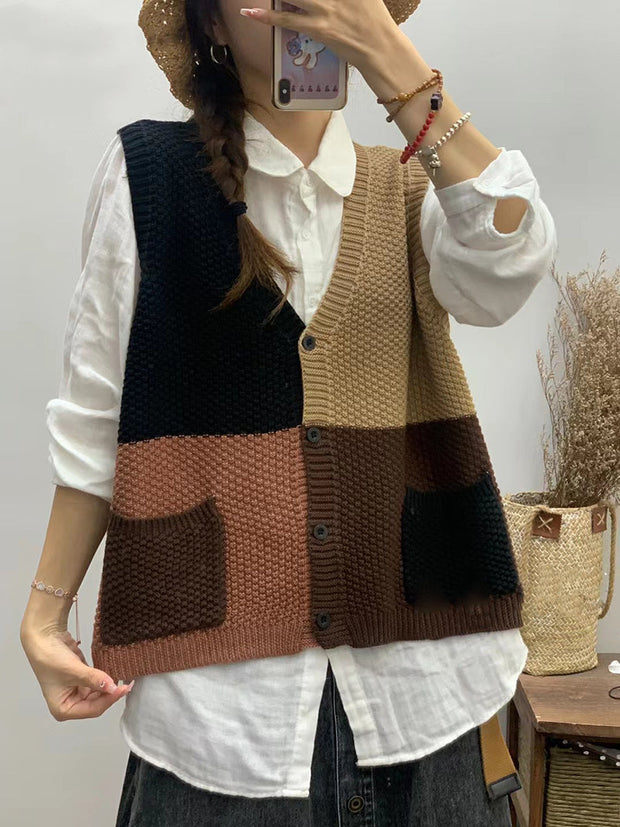 Women Autumn Colorblock Knitted V-Neck Vest