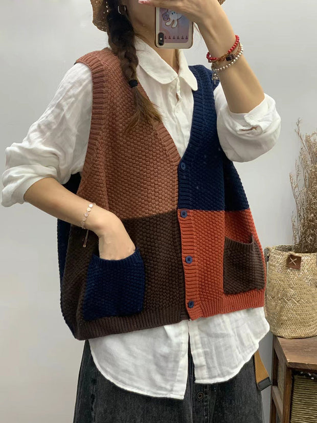 Women Autumn Colorblock Knitted V-Neck Vest