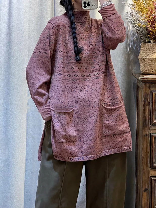 Women Vintage Floral Turtleneck Pocket Long Shirt