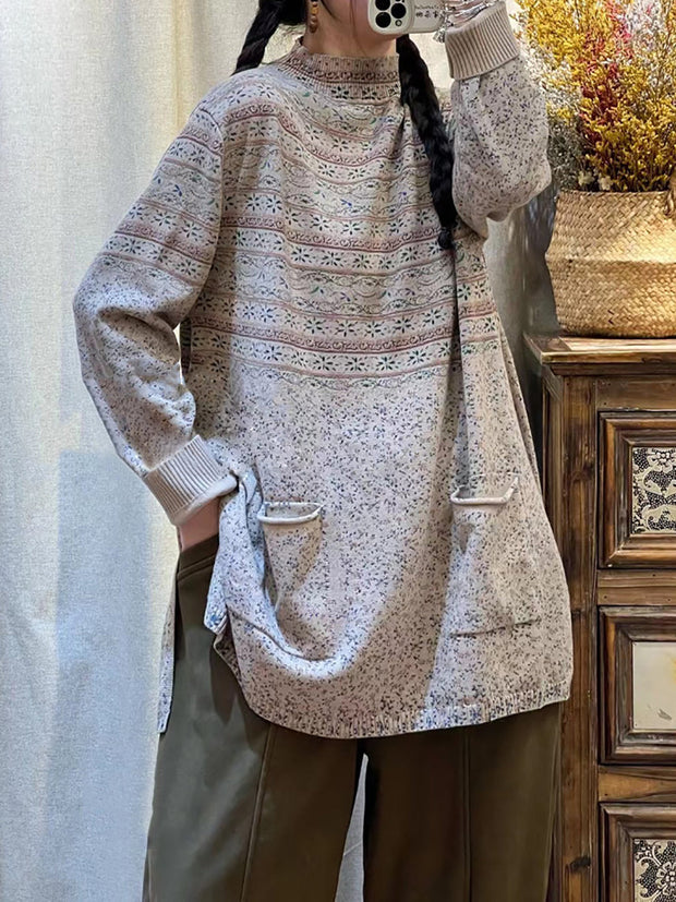 Women Vintage Floral Turtleneck Pocket Long Shirt