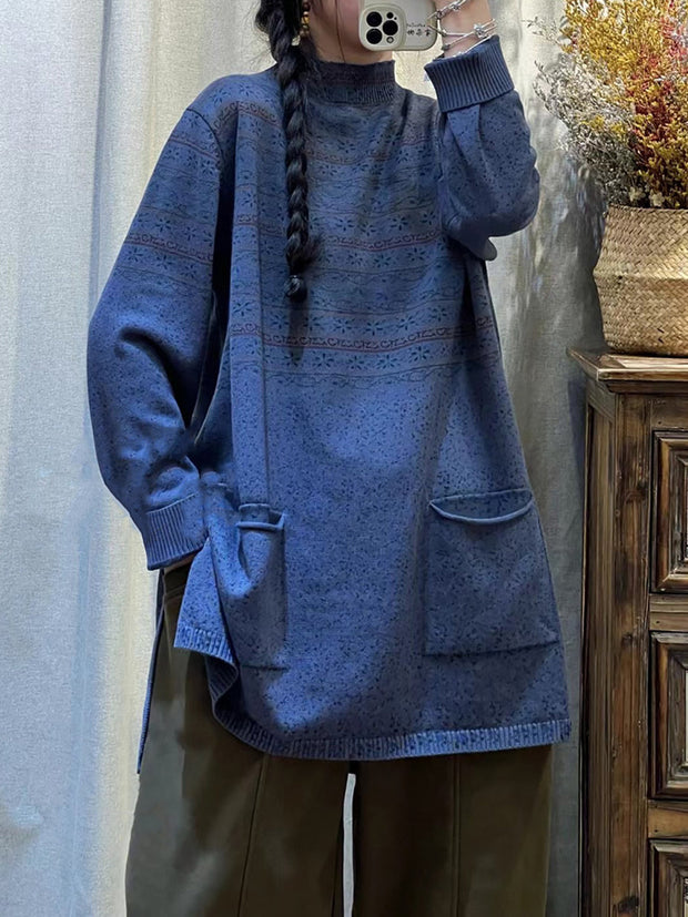 Women Vintage Floral Turtleneck Pocket Long Shirt