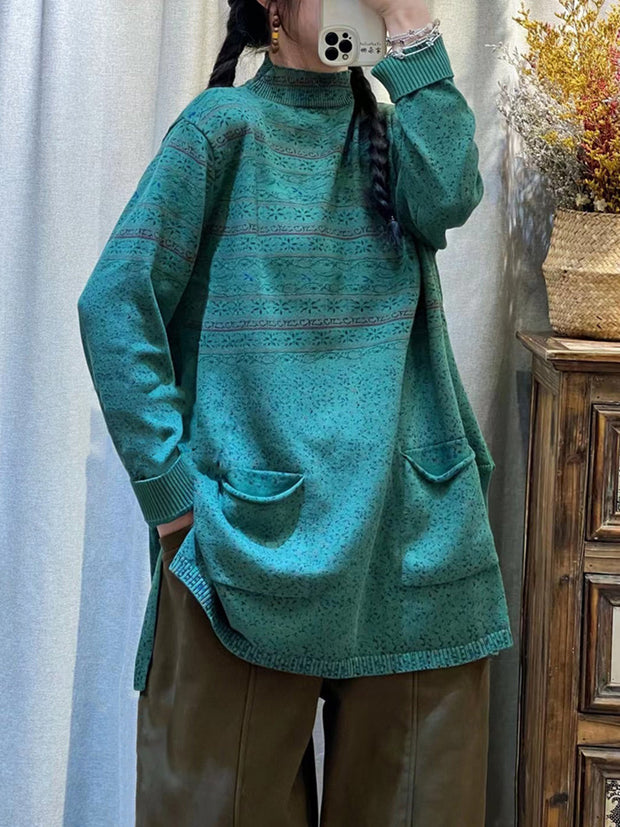 Women Vintage Floral Turtleneck Pocket Long Shirt