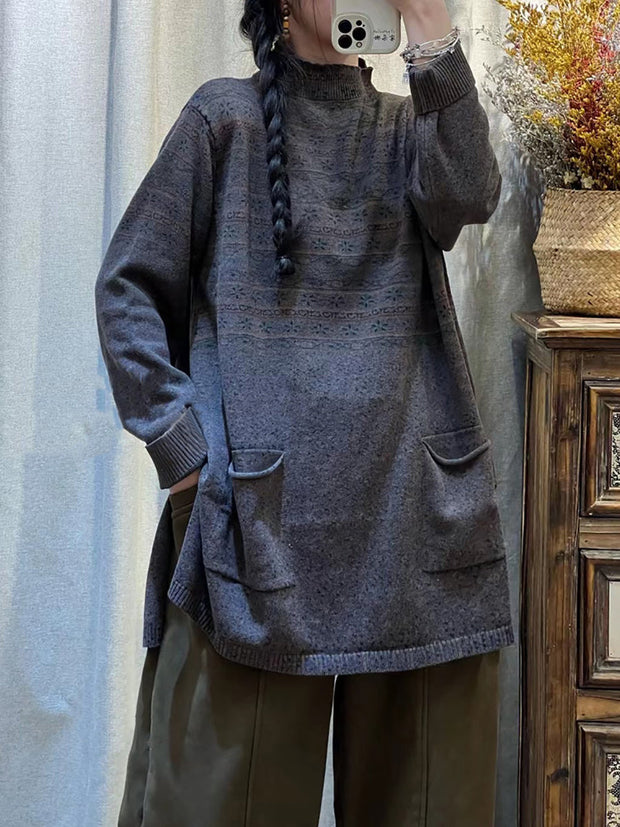 Women Vintage Floral Turtleneck Pocket Long Shirt