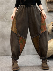 Women Winter Retro Fish Spliced Denim Harem Pants