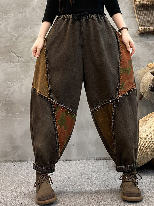Women Winter Retro Fish Spliced Denim Harem Pants