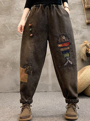 Women Winter Retro Fish Spliced Denim Harem Pants