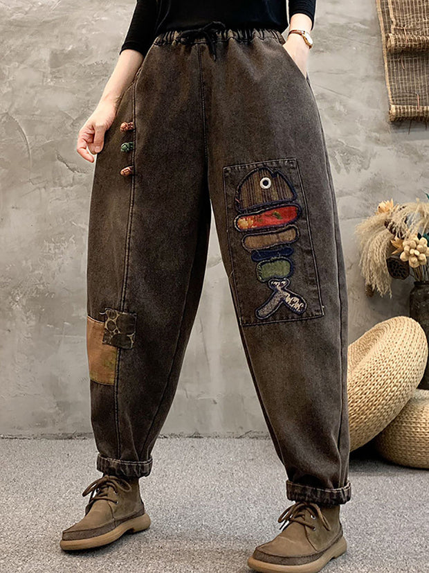 Women Winter Retro Fish Spliced Denim Harem Pants