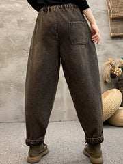 Women Winter Retro Fish Spliced Denim Harem Pants