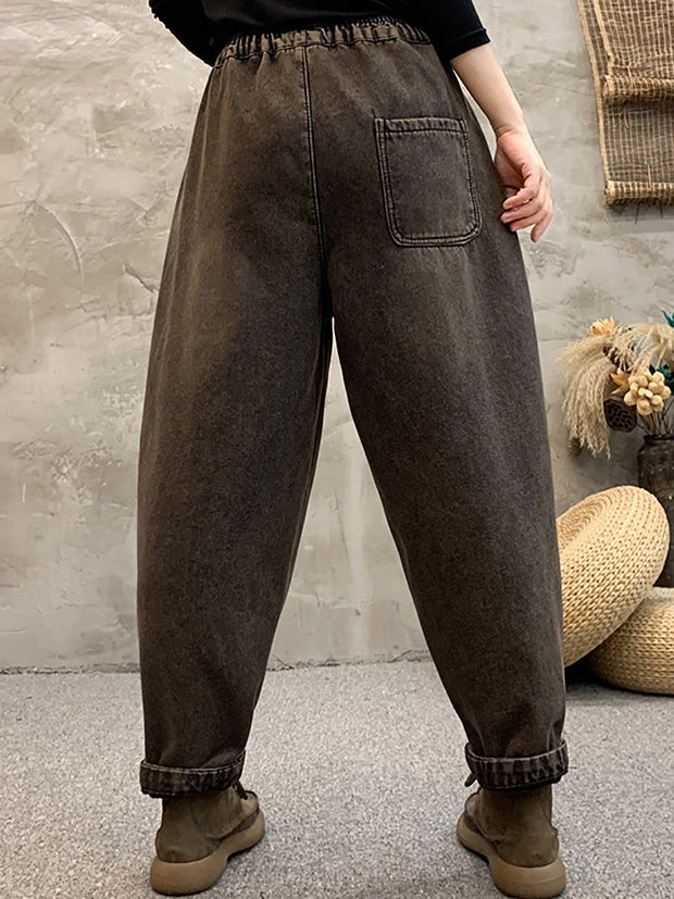 Women Winter Retro Fish Spliced Denim Harem Pants