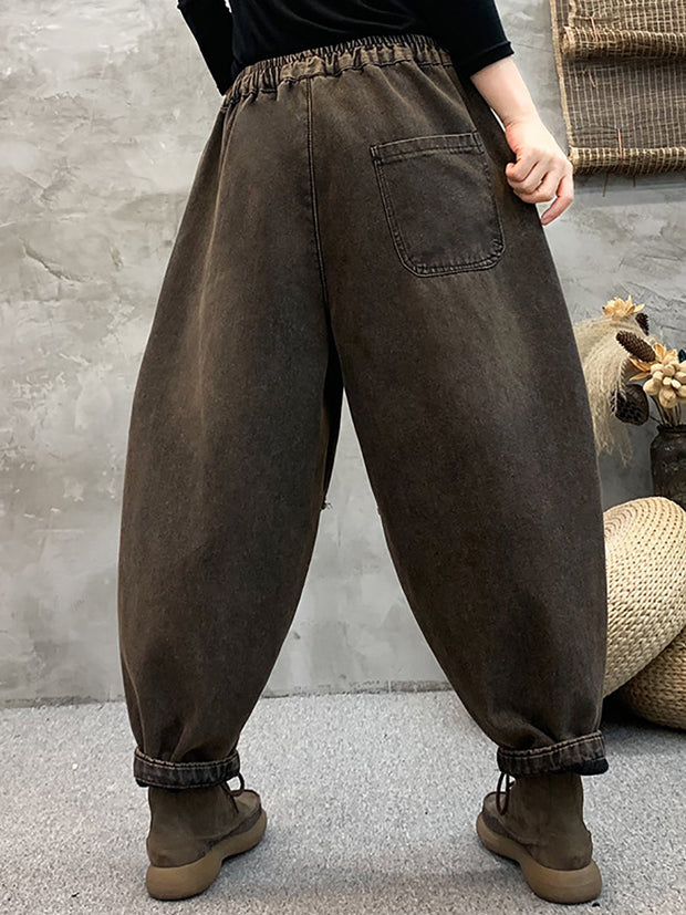 Women Winter Retro Fish Spliced Denim Harem Pants