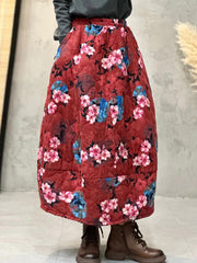 Women Winter Retro Flower A-shape Padded Skirt