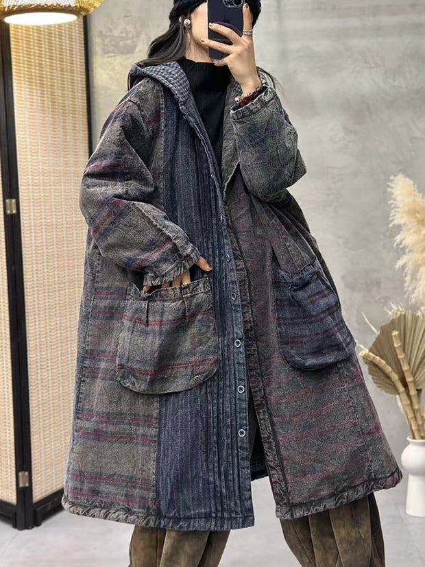 Women Vintage Spliced Long Padded Hooded Coat