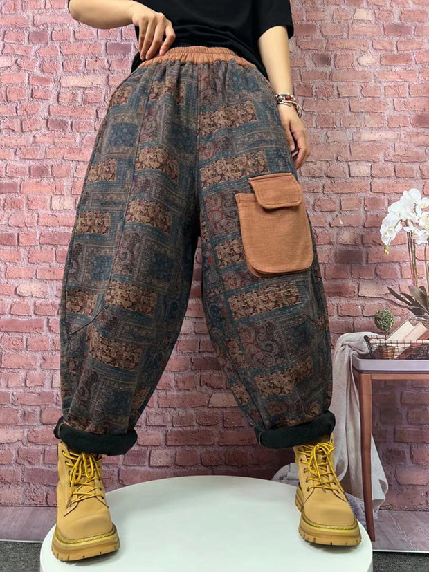Plus Size Women Vintage Plaid Spliced Fleece-lined Harem Pants