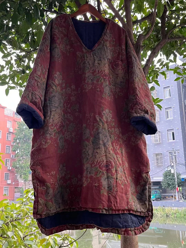 Plus Size Women Vitage Flower V-Neck Padded Long Shirt
