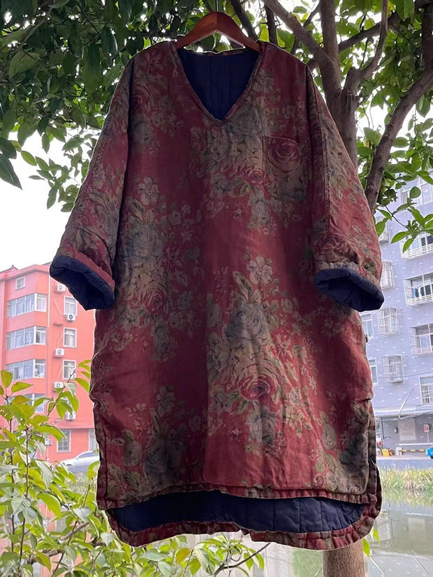 Plus Size Women Vitage Flower V-Neck Padded Long Shirt