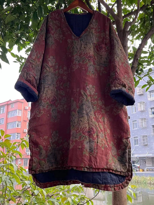 Plus Size Women Vitage Flower V-Neck Padded Long Shirt