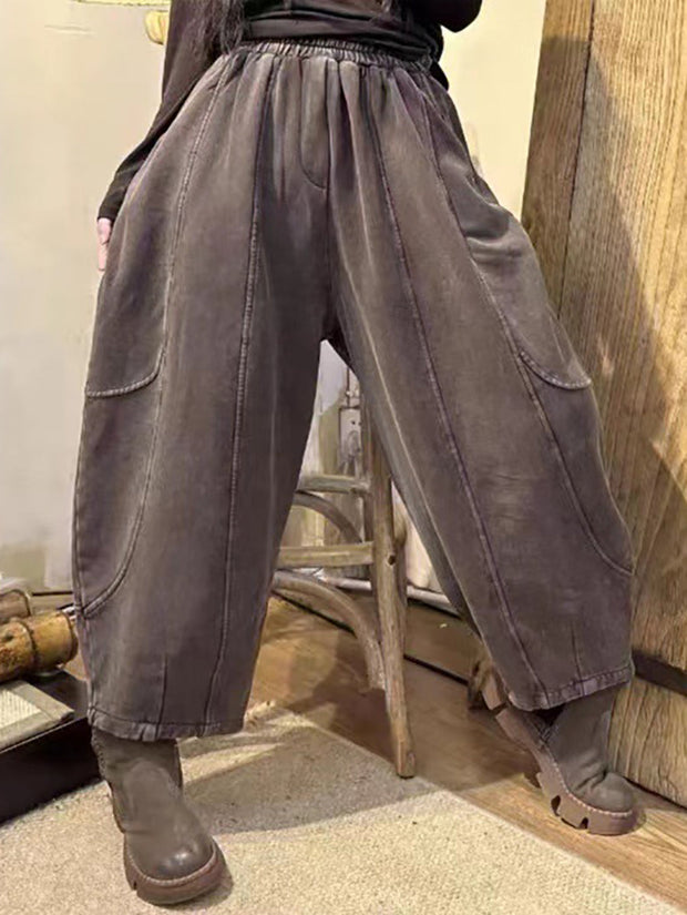 Women Vintage Worn Solid Spliced Loose Pants