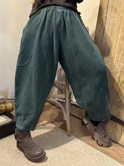 Women Vintage Worn Solid Spliced Loose Pants