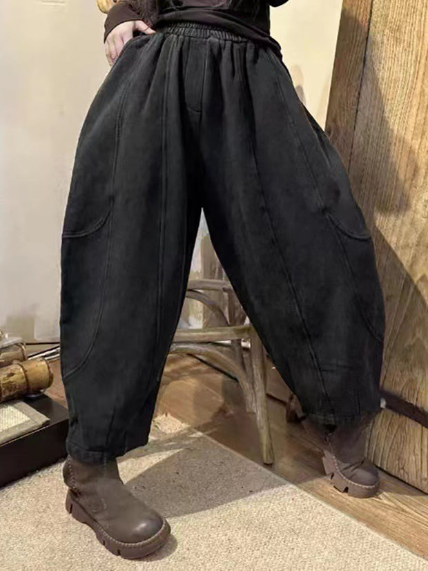 Women Vintage Worn Solid Spliced Loose Pants