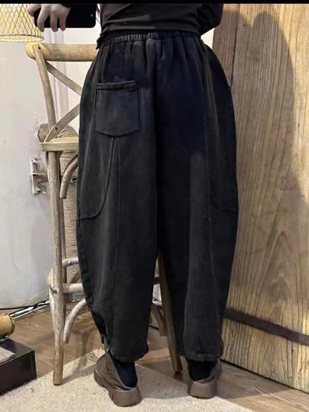 Women Vintage Worn Solid Spliced Loose Pants