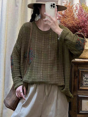 Women Artsy Flower Patch Spliced Pullover Sweater