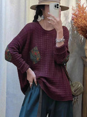 Women Artsy Flower Patch Spliced Pullover Sweater