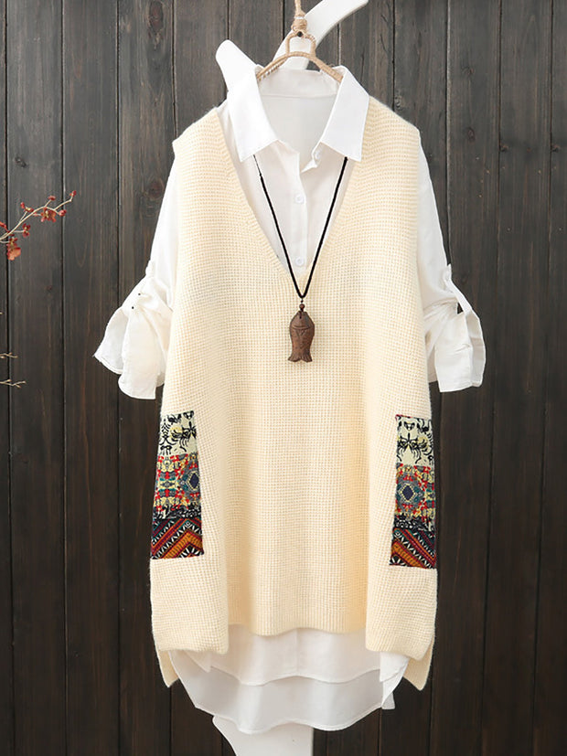 Women Ethnic V-Neck Loose Knitted Vest