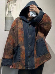 Women Vintage Flower Spliced Denim Hooded Coat