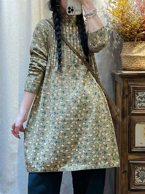 Women Artsy Floral Knitted Turtleneck Long Sweater