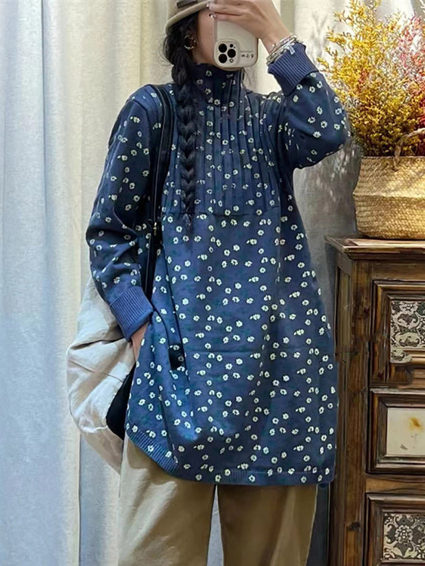 Women Artsy Floral Knitted Turtleneck Long Sweater