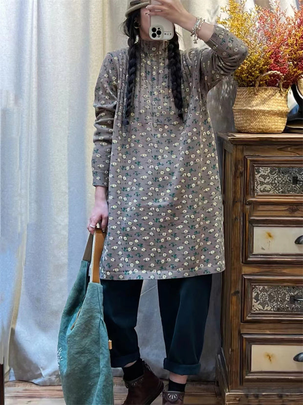 Women Artsy Floral Knitted Turtleneck Long Sweater