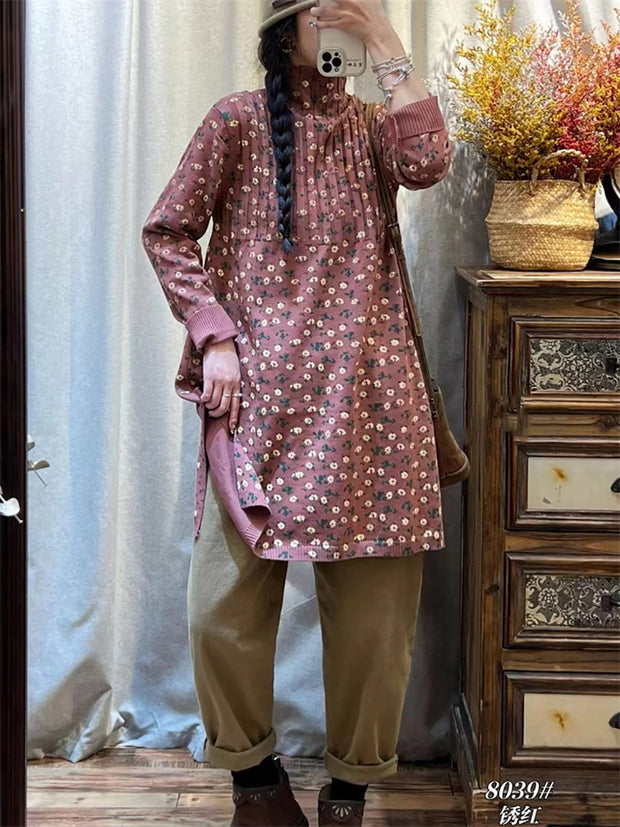 Women Artsy Floral Knitted Turtleneck Long Sweater