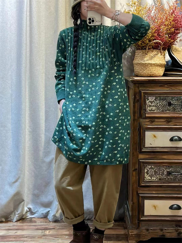 Women Artsy Floral Knitted Turtleneck Long Sweater