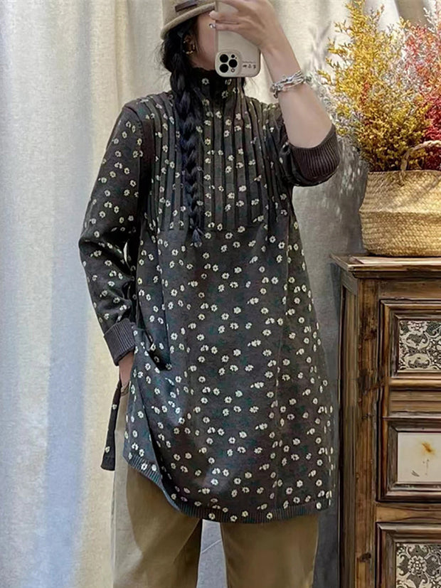 Women Artsy Floral Knitted Turtleneck Long Sweater