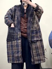 Women Vintage Plaid Spliced Worn Hooded Coat