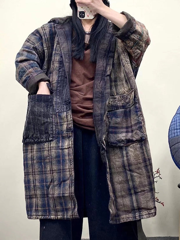 Women Vintage Plaid Spliced Worn Hooded Coat