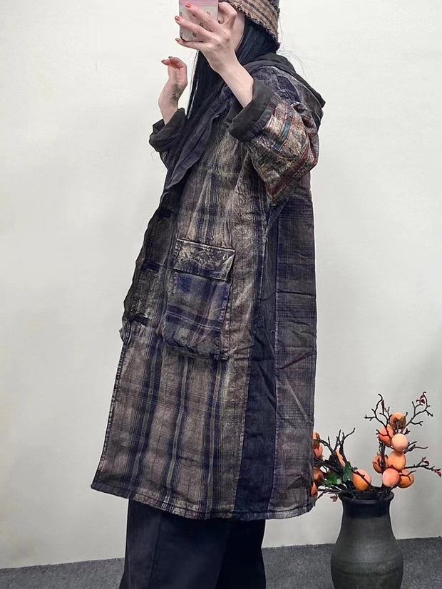 Women Vintage Plaid Spliced Worn Hooded Coat