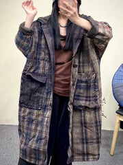 Women Vintage Plaid Spliced Worn Hooded Coat