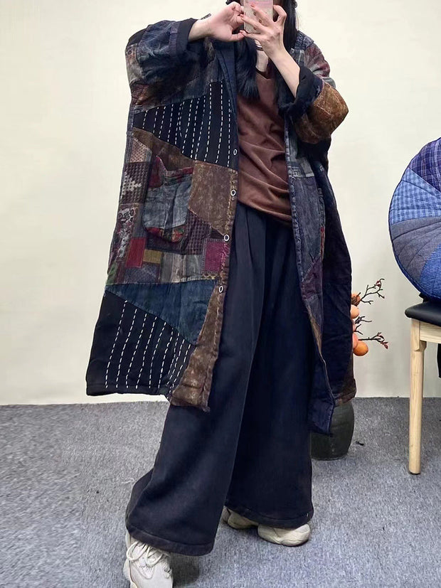 Women Vintage Plaid Spliced Worn Hooded Coat