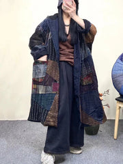 Women Vintage Plaid Spliced Worn Hooded Coat