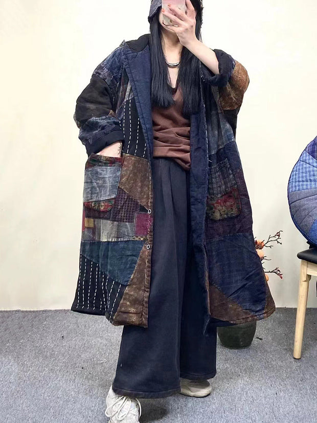 Women Vintage Plaid Spliced Worn Hooded Coat