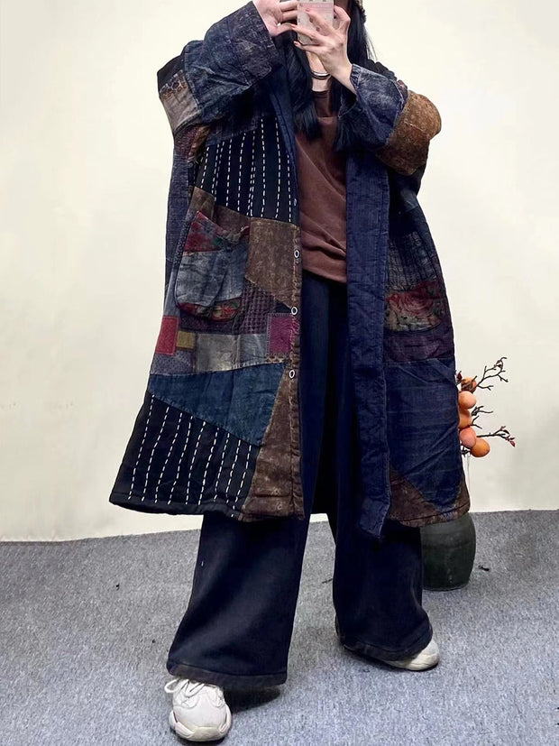 Women Vintage Plaid Spliced Worn Hooded Coat