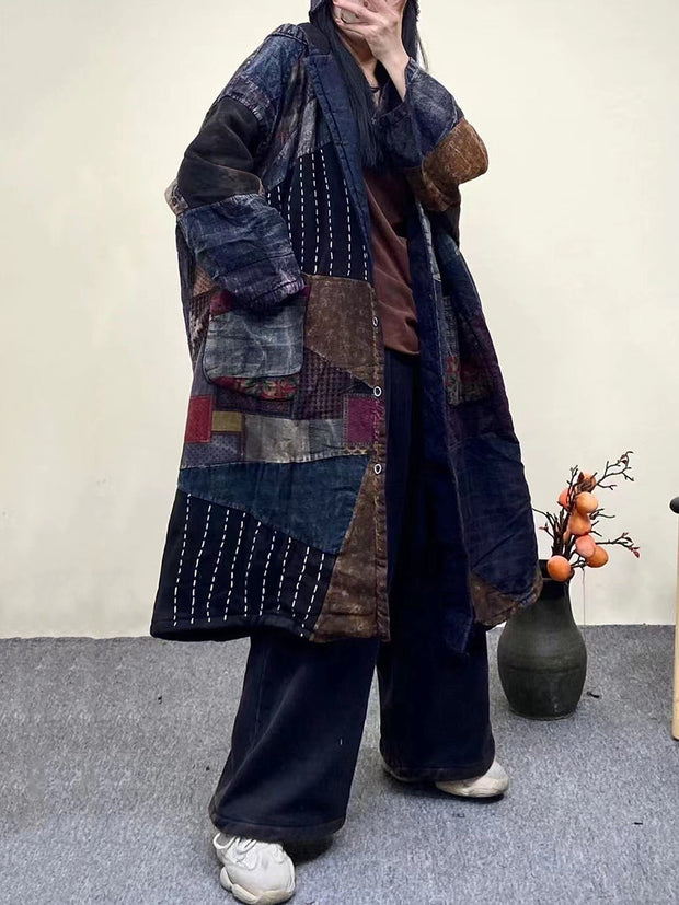 Women Vintage Plaid Spliced Worn Hooded Coat