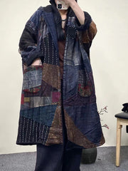 Women Vintage Plaid Spliced Worn Hooded Coat