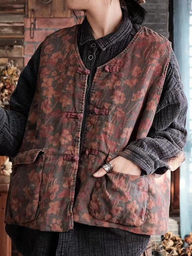 Frauen Retro Blumen Taschenknopf Weste Mantel