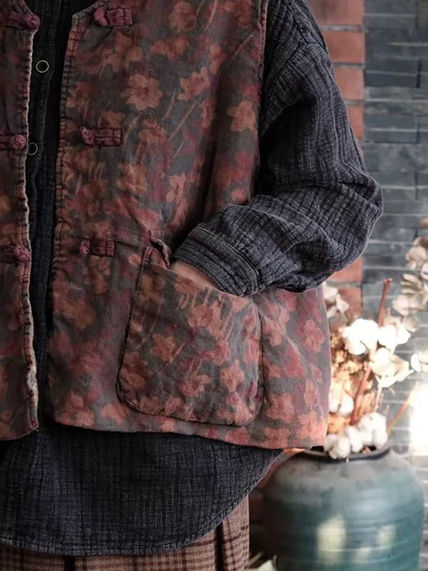 Frauen Retro Blumen Taschenknopf Weste Mantel
