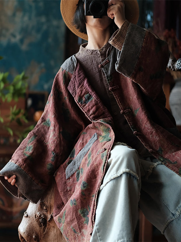 Damen-Mantel aus lockerem Leinen mit Ethno-Blumenmuster
