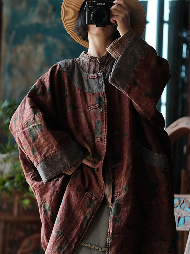 Women Ethnic Flower Spliced Loosse Linen Coat