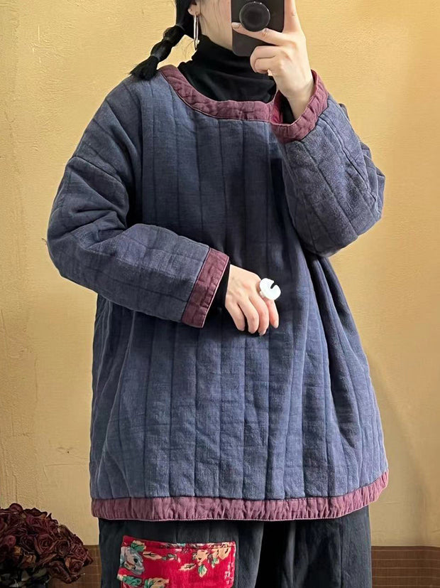 Women Retro Solid Spliced Linen Cotton Coat